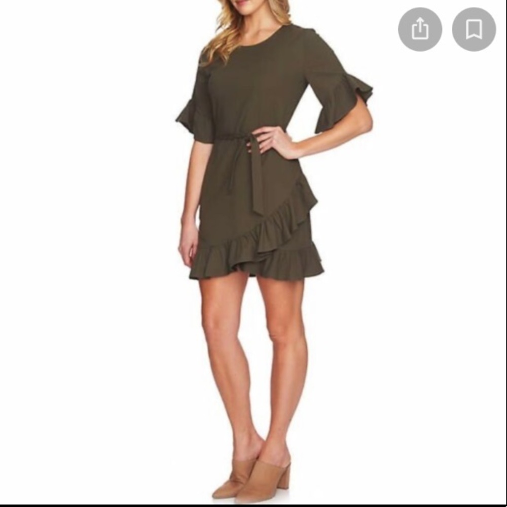 NWOT 1 STATE olive green ruffled faux wrap mini dress tie waist